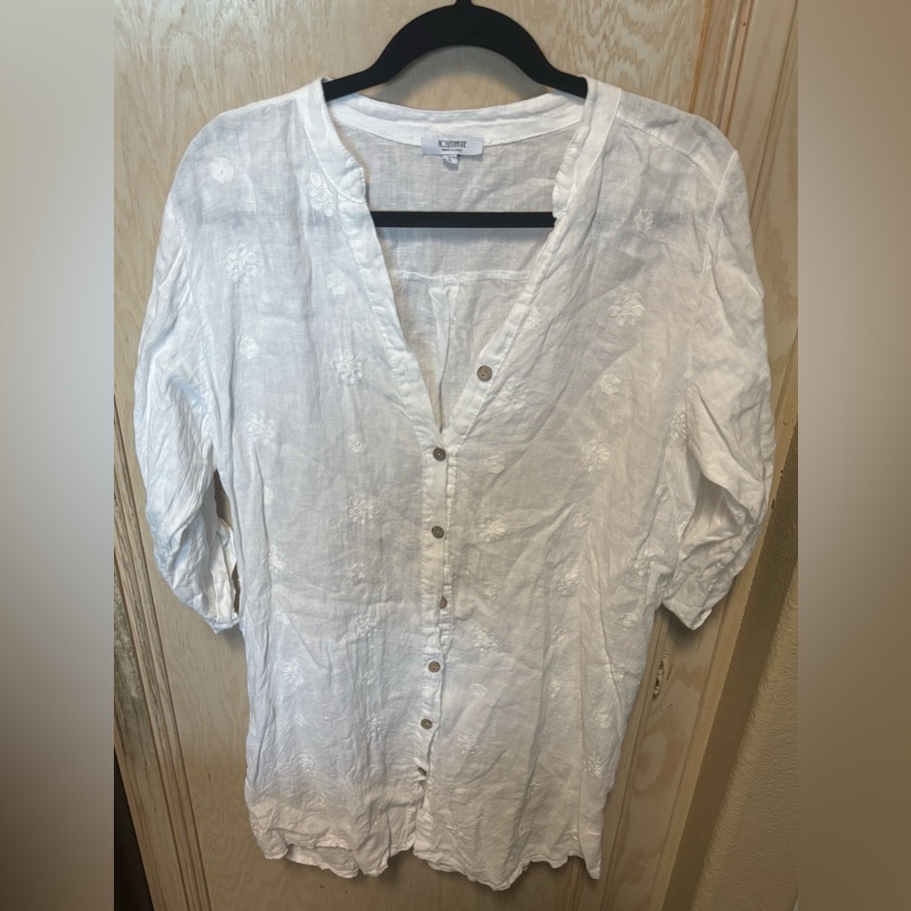 Rosemarine Made In Italy Linen White Floral‎ Embroidery Button Up Tunic Size L